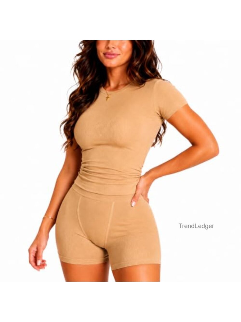 Ribbed 2 Piece Workout Outfit Short Set High Waisted Lounge Slim Fit